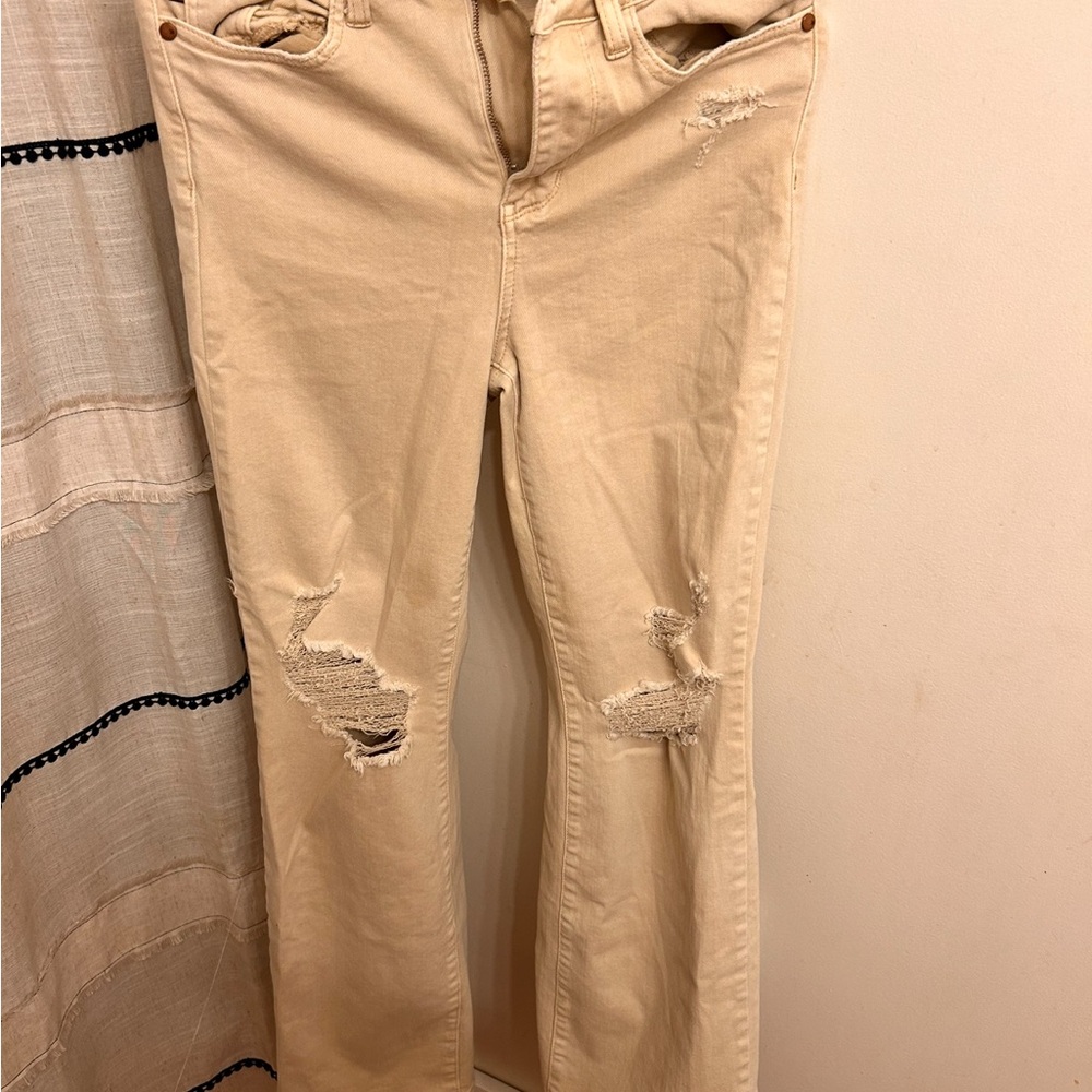 Judy Blue khaki colored flare jeans with busted knees - 5/27
